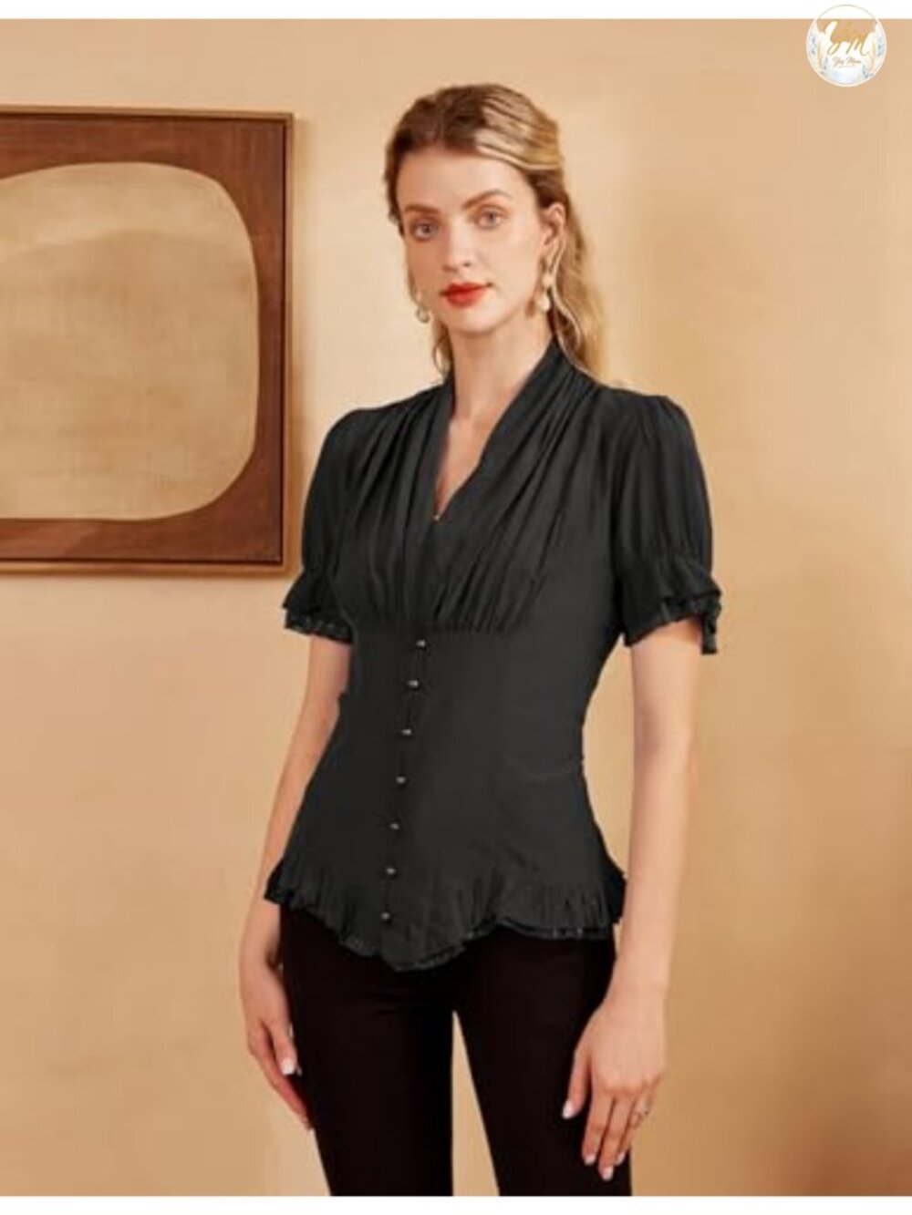 Short Sleeve Victorian Peasant Blouse with Ruffled Cuffs and Back Lacing - Picture 2 of 6